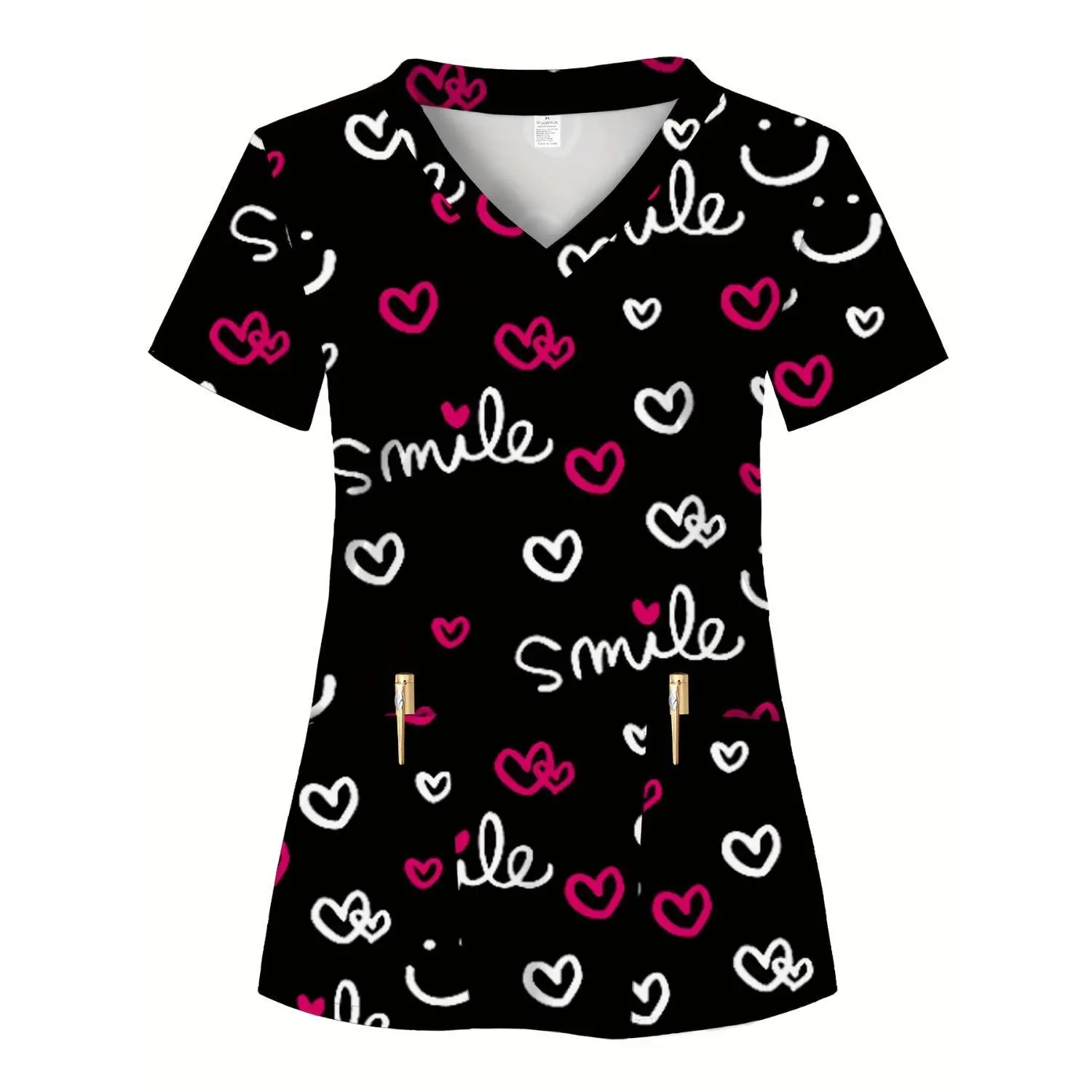 Women’s All-Over Print Smile Scrub Top with Two Pockets, Comfortable Breathable Nurse Uniform for Hospitals, Dental Clinics, Beauty Salons & Healthcare Professionals