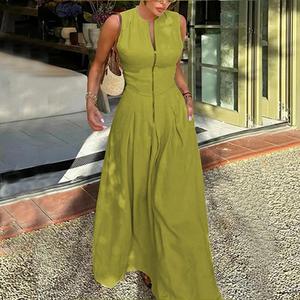 UOOZEE Women's Casual Lady Soft Casual Sleeveless Round Neck A-Line Loose Pleated Pocket Slit Zipper Long Dress - High-Quality Comfortable Fabric, Multiple Colors; Note: Fuller Bust Sizes Run Small (Order 1 Size Up), Smaller Bust Order Regular Fit