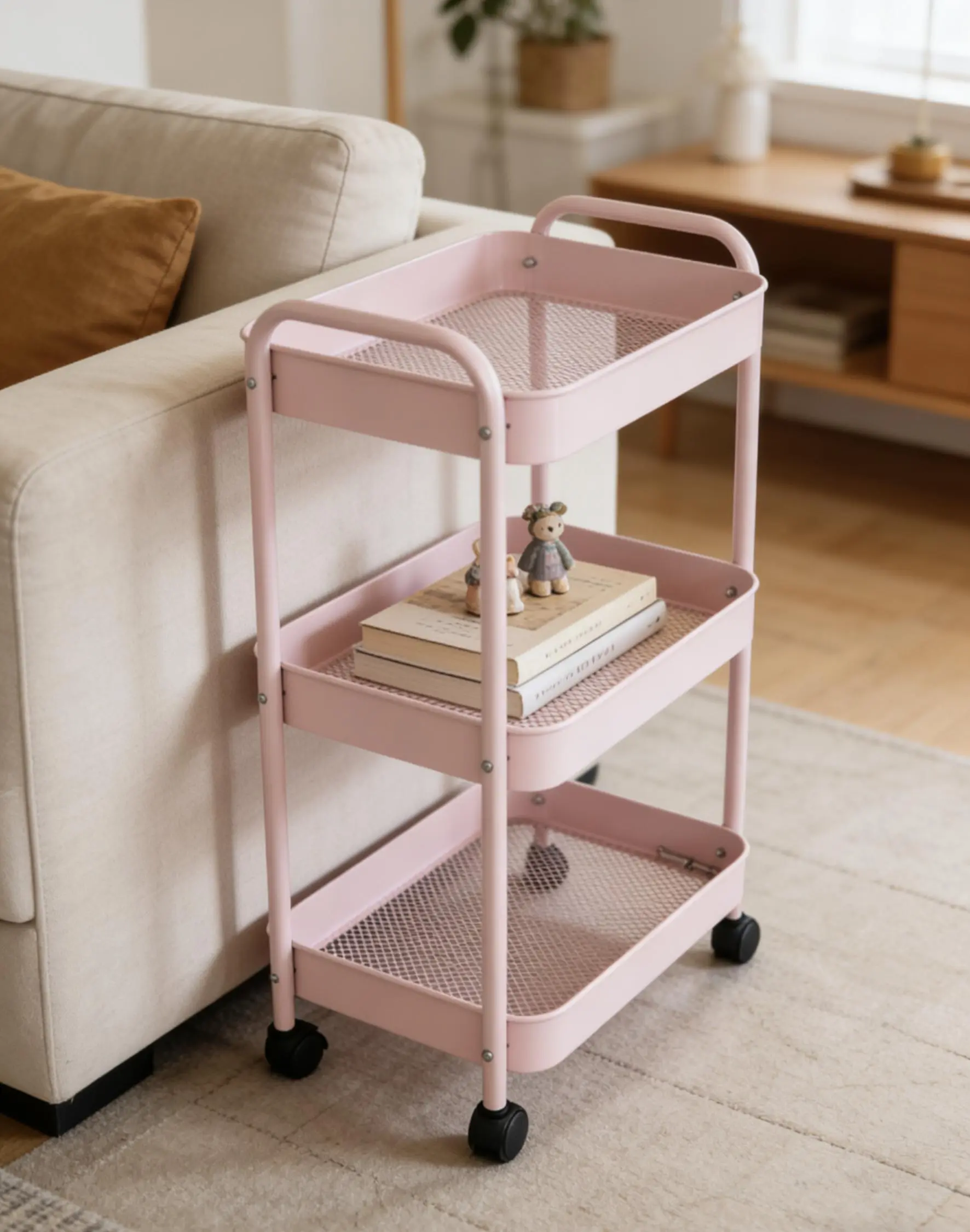 3-tier rolling metal desk organizer cart with wheels, mobile utility shelf for office stationery storage, space-saving organizer for office, kitchen, home cute accessories