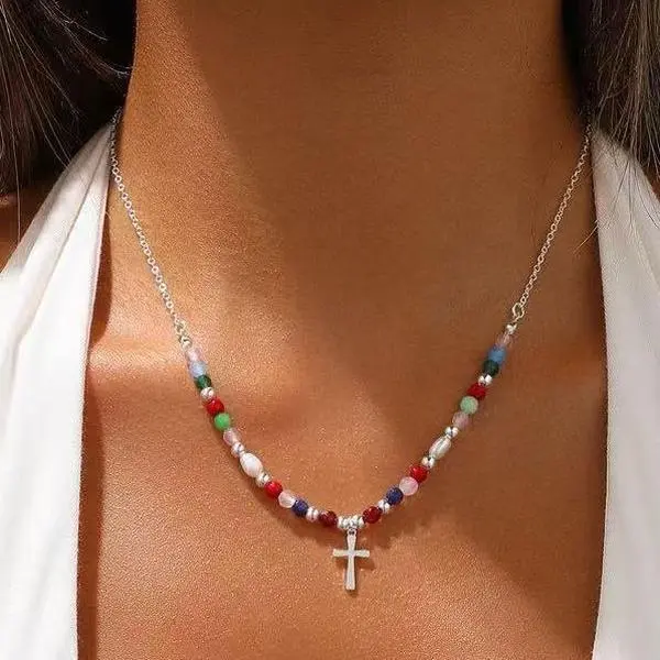 Delicate Colorful Beaded Cross Necklace, Gold/Silver Plated Adjustable Chain, Trendy Beaded & Faith Cross Pendant Design, Minimalist Faith Religious Jewelry, Waterproof Hypoallergenic Non-Tarnish Daily Wear Gift for Women