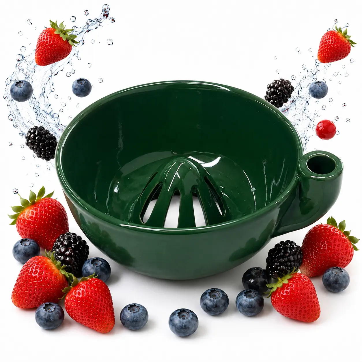 Sturdy Dark Green Ceramic Swirl Berry Washing Bowl - Kitchen Utensils Dish, Self-Spinning Colander & Strainer for Strawberries, Blueberries