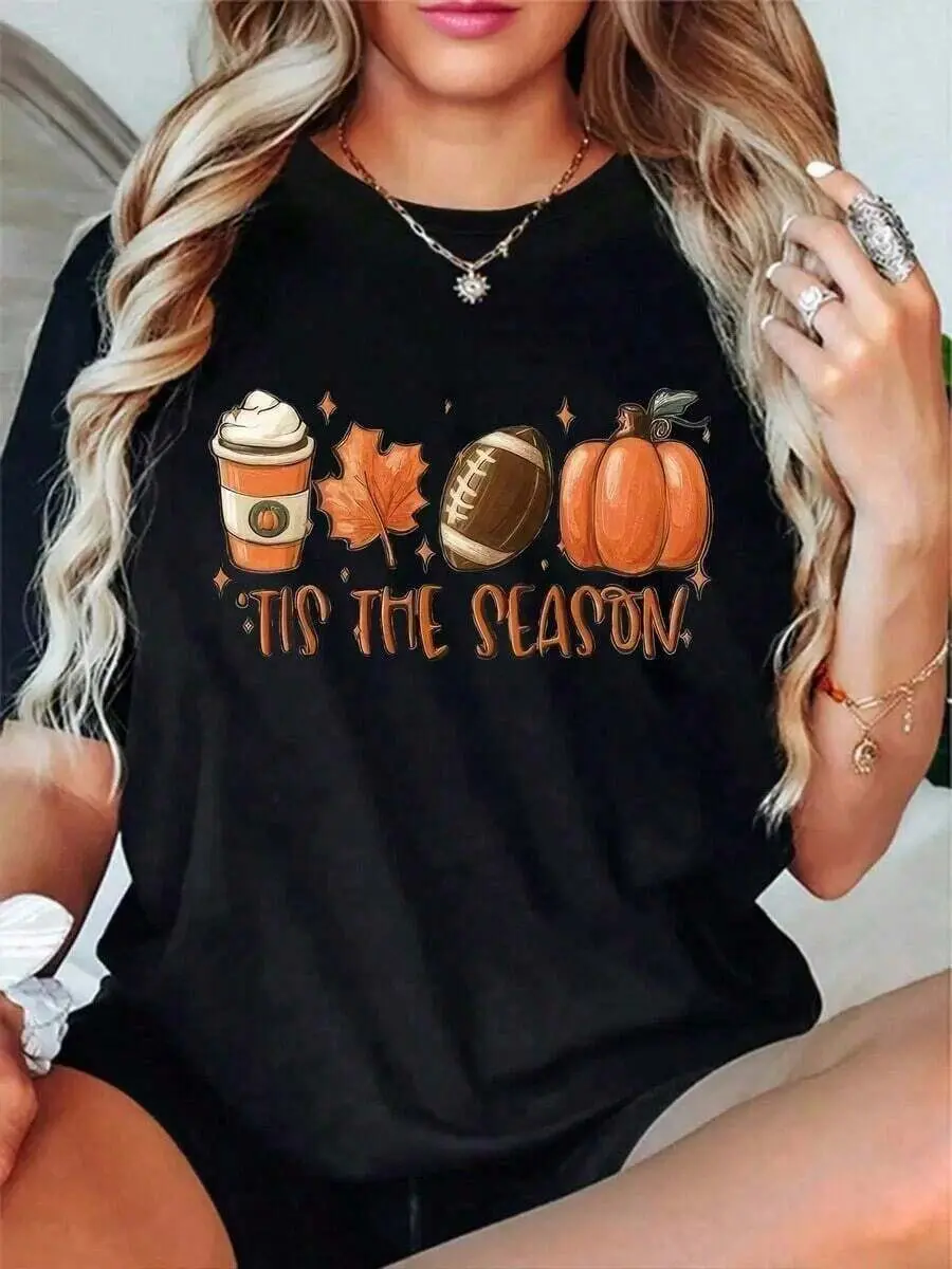 Fall Women T-Shirt Halloween Pumpkin Thanks Giving Family Funny Turkey Graphic Casual Autumn Tee Tops Women's T Plaid