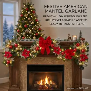 Garvee 6FT Christmas Decorations Red Gold Christmas Garland with Poinsettias Red Bows & Ornaments PVC Artificial Greenery for Mantel Staircase Indoor Outdoor Holiday Decor
