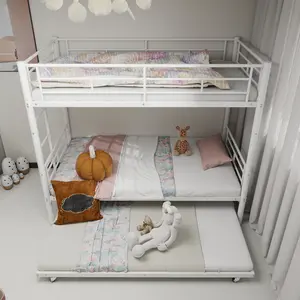 Twin over Twin Bunk Bed with Trundle, Heavy-duty Sturdy Metal Frame,Noise Free/ Safety Guardrail/No Box Spring Needed