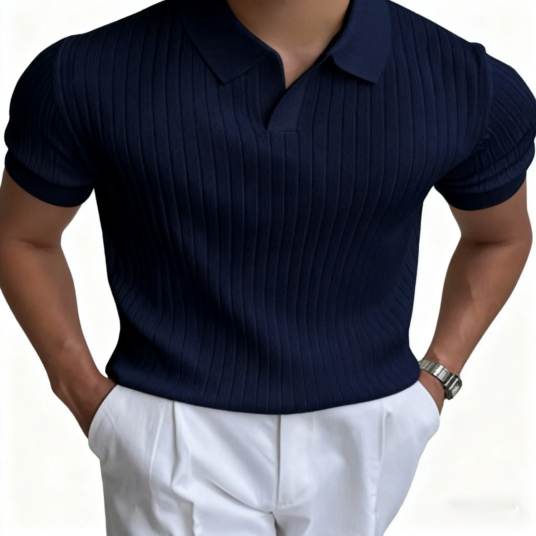 Men's Olive Green Ribbed Short Sleeve Polo Shirt - Casual Summer Knit Top with Button Collar Regular Fit Lightweight Breathable for Attire Clothing Menswear mens shirts
