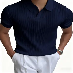 Men's Olive Green Ribbed Short Sleeve Polo Shirt - Casual Summer Knit Top with Button Collar Regular Fit Lightweight Breathable for Attire Clothing Menswear mens shirts