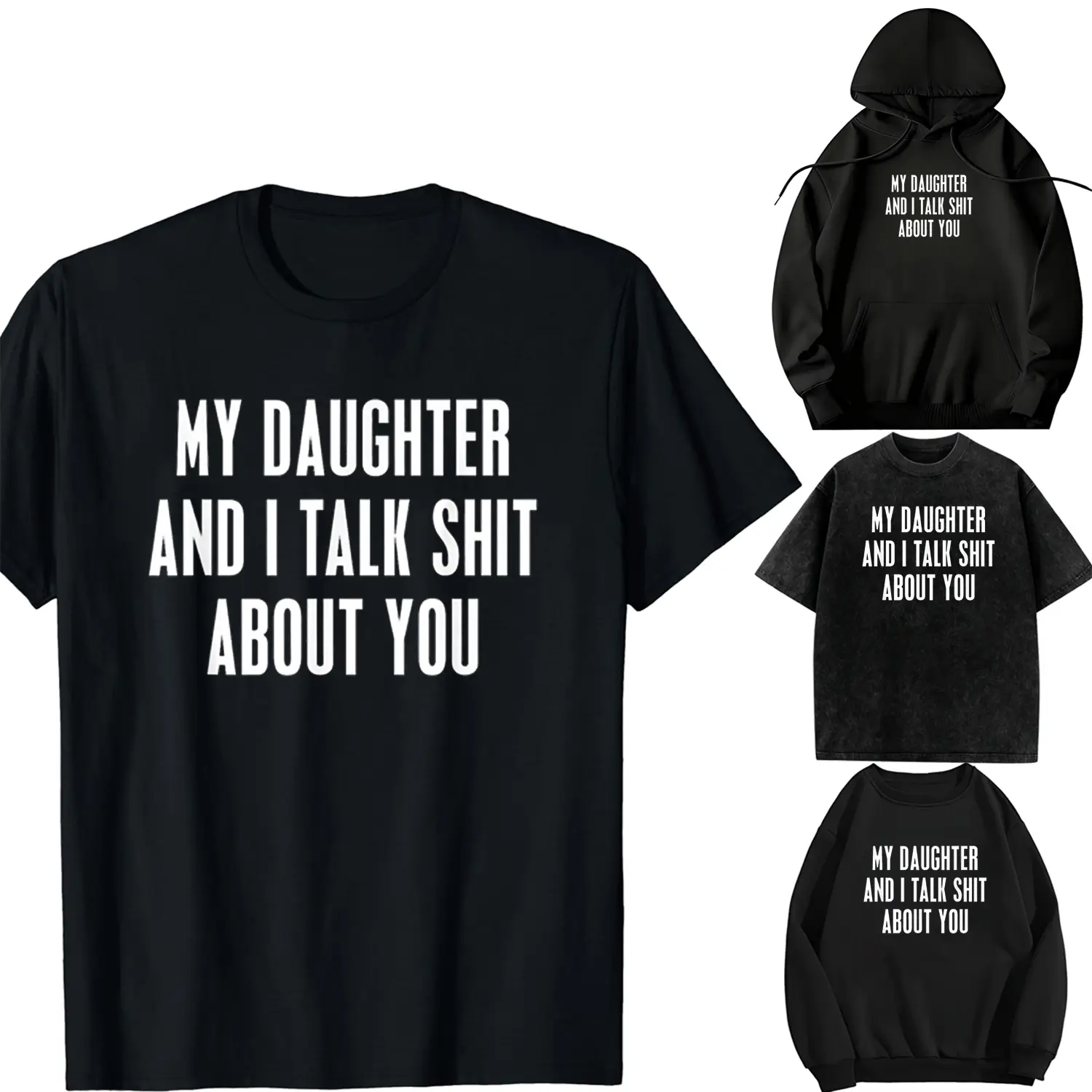 Lady's Comfortable Oversize Acid Wash Hooded Linen-Polyester-Cotton Garment - Long-Sleeved Casual Printed Streetwear Top with Hat, DIY "My Daughter and I Talk Shit About You" Funny Gift