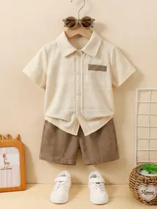Boys' Summer Casual Two-Piece Set, Textured Lapel Pocket Shirt & Shorts, Ideal for School, Outdoor Activities, Daily Wear