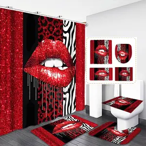 Sexy Lips Bathroom Curtain Set, Includes Shower Curtain, Mat, Toilet Lid Cover, Waterproof Non-Slip, Elegant Bath Decor, Perfect Gift