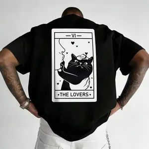 Couple Cat Humorous Tarot Card Halloween Black Cat Lover T-shirt, Retro Crescent Moon Black Cat Lover Men's T-shirt, Comfortable and Soft Fabric