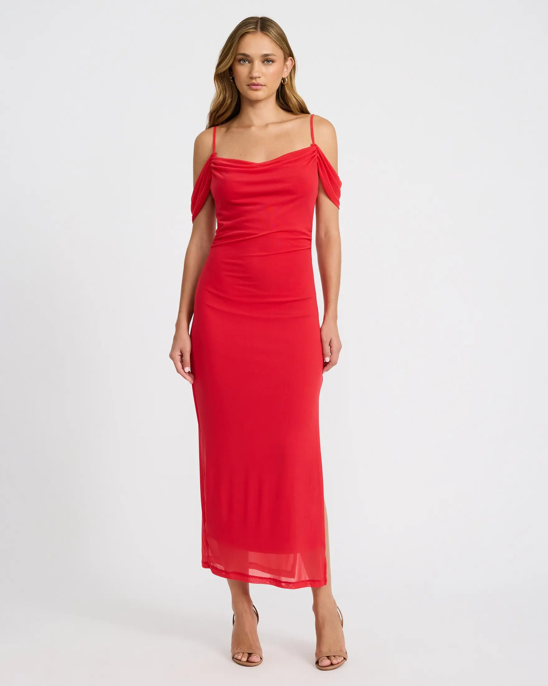 Express Mesh Cowl Neck Off The Shoulder Draped Maxi Dress
