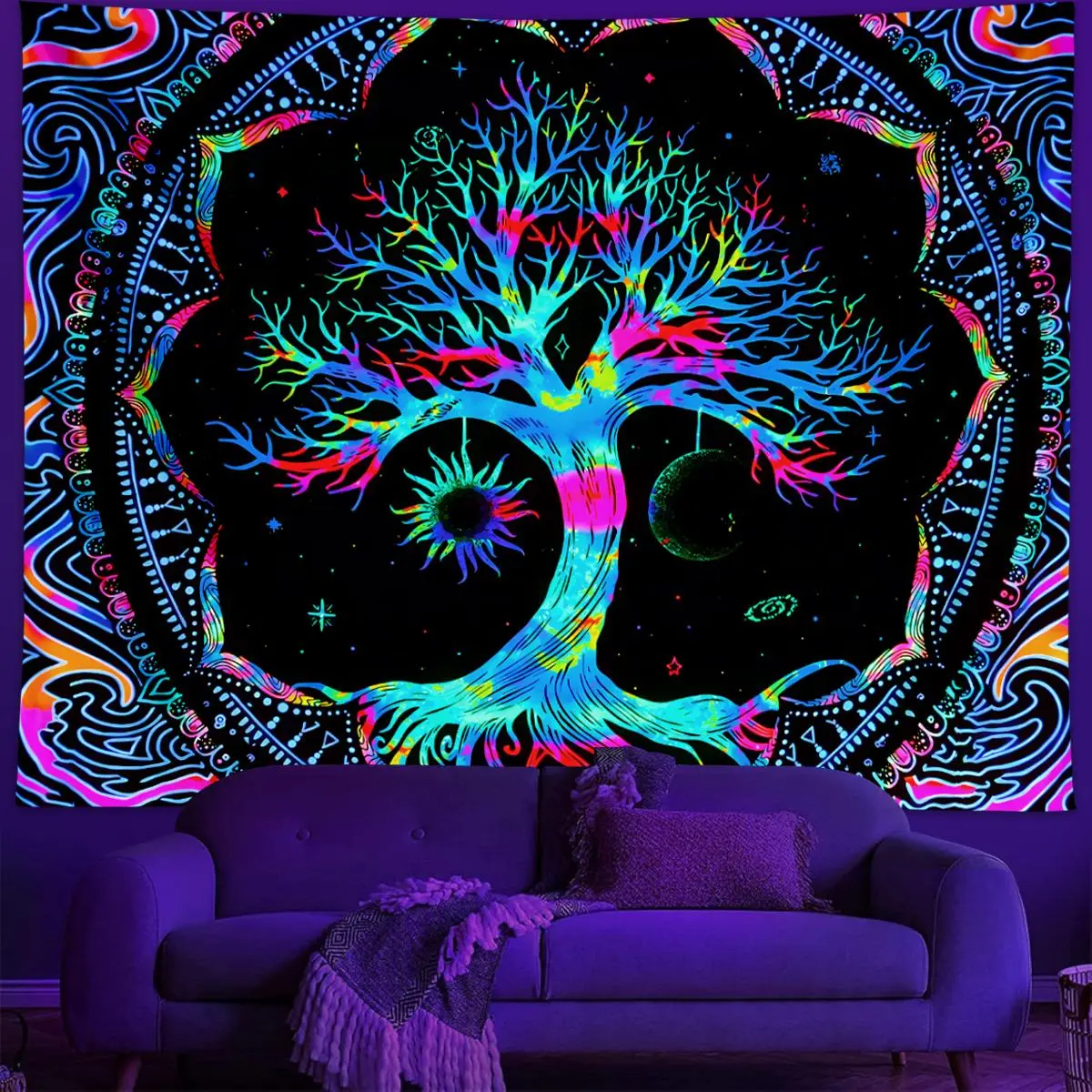 Tree Of Life Pattern Tapestry, UV Fluorescent Colorful Hippie Trilogy Tapestry, Mandala Illusionary Poster, Wall Hanging Decoration for Living Room, Bedroom, and Dormitory, Decorative Tapestry, Wall Tapestries, Home Bedroom Decor, Tapestry Wall Mural