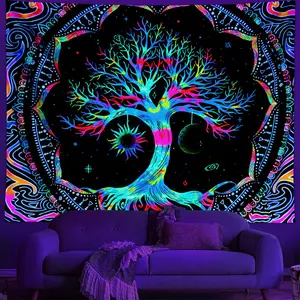 Tree Of Life Pattern Tapestry, UV Fluorescent Colorful Hippie Trilogy Tapestry, Mandala Illusionary Poster, Wall Hanging Decoration for Living Room, Bedroom, and Dormitory, Tapestry Wall Mural