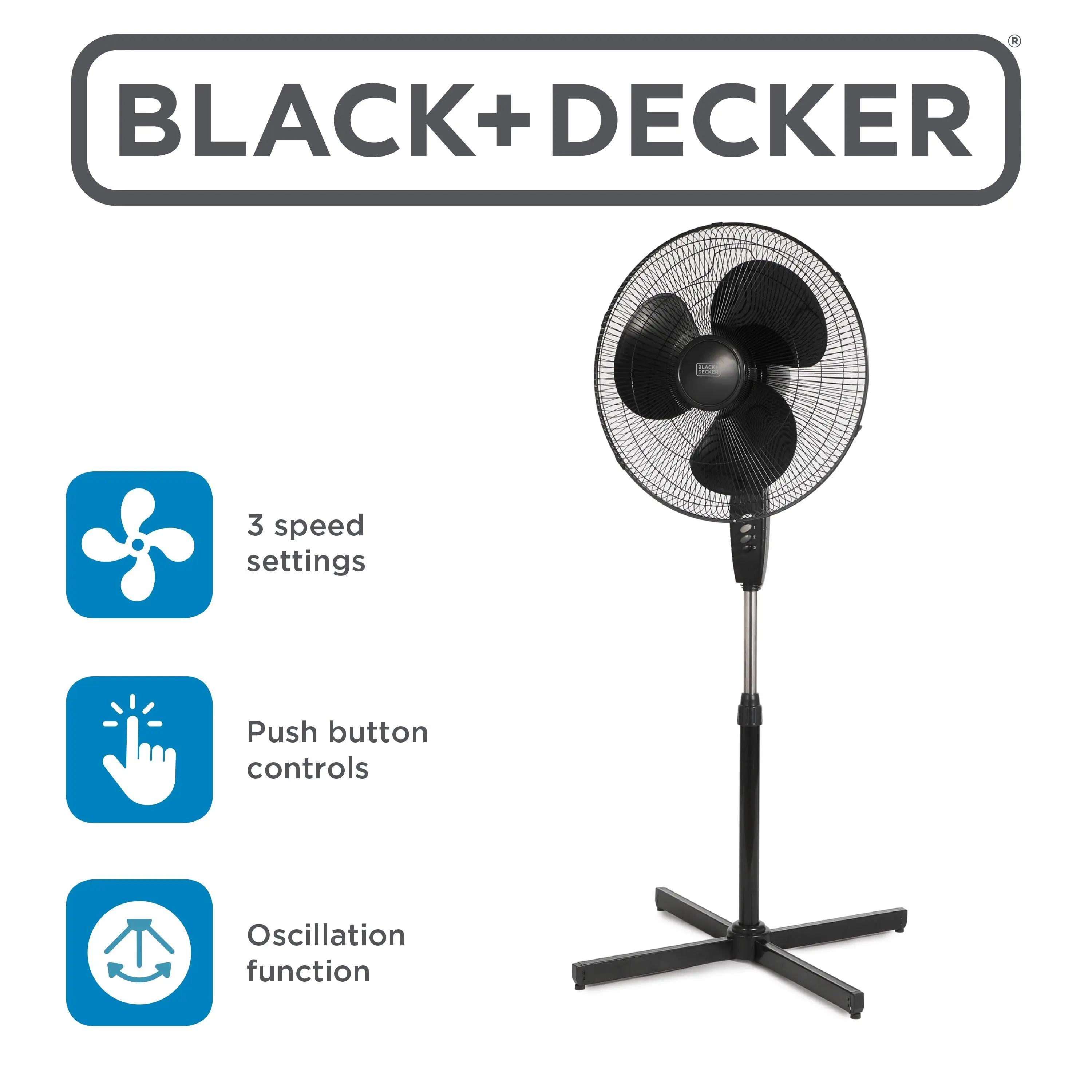 BLACK+DECKER 18-Inch Standing Oscillating Fan (BFP18SXB, Black) - 3 Speed Settings, Height-Tunable Pedestal Base, Tiltable Head, Fan for Bedroom, Home Office