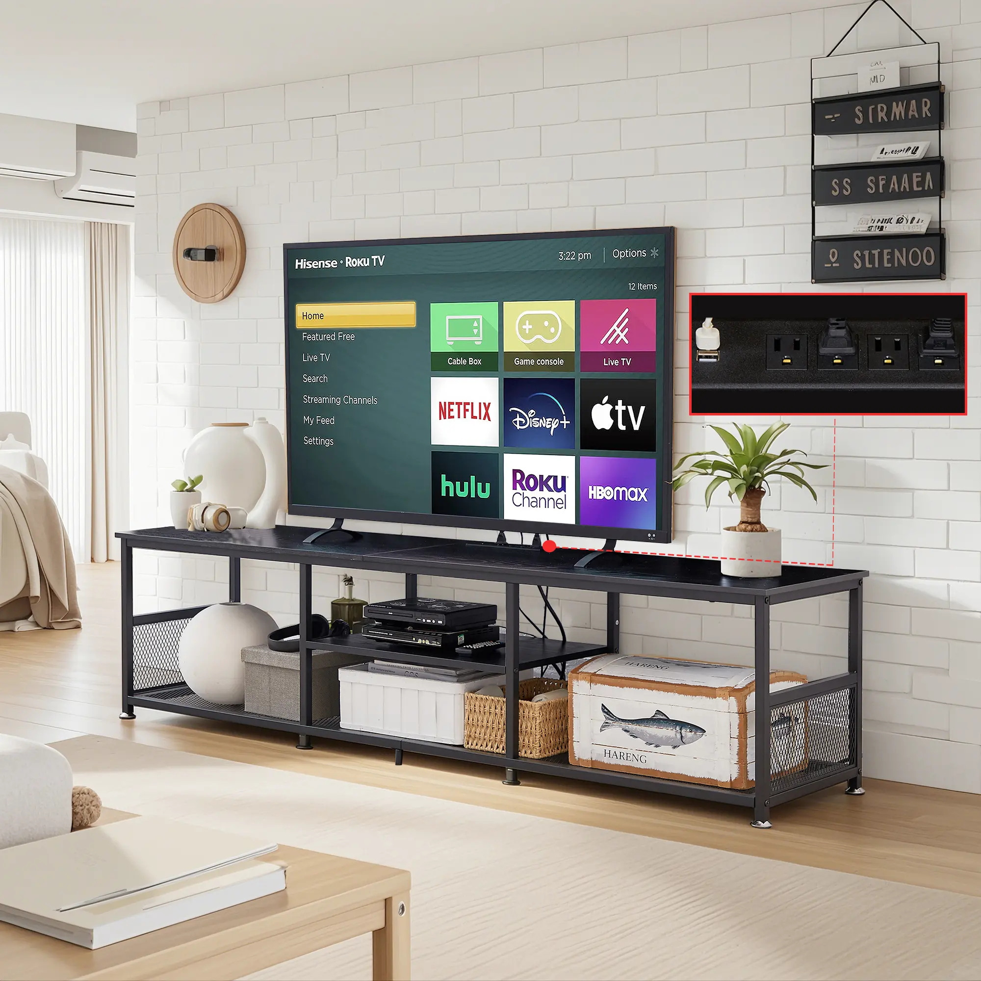 VECELO TV Stand (up to 73") with Power Outlet Charging Station, Entertainment Center with 4 Storage Spaces, TV Stand, TV Console, Media Console, Living Room, Bedroom, Rustic Brown/Black/Gray
