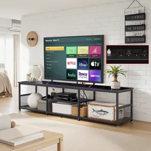 VECELO TV Stand (up to 73") with Power Outlet Charging Station, Entertainment Center with 4 Storage Spaces, TV Stand, TV Console, Media Console, Living Room, Bedroom, Rustic Brown/Black/Gray