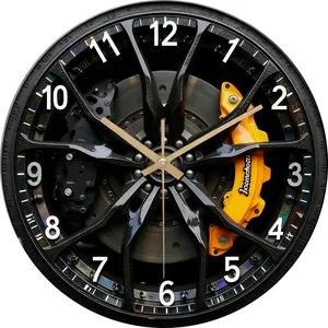 Luxury Car Brake Disc Wooden Round Wall Clock, Racing Steering Wheel Design with Brake Caliper Pointer, Silent Modern Analog Clock