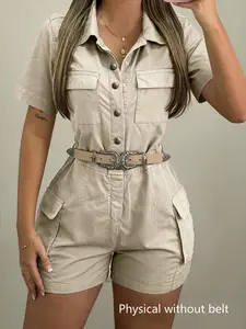 New Retro Workwear Romper Overalls Women, Waist-Cinch Body-Conscious Design, Sweet Cool Girl Aesthetic Style Daily Eye-Catching Set (no Belt) Womenswear