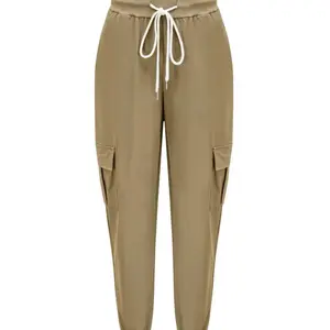 Women's Casual Cargo Pants, Polyester Solid Color All-Season Woven Trousers with Drawstring Waist, Comfortable Fit, Ideal for Womenswear - Bottom