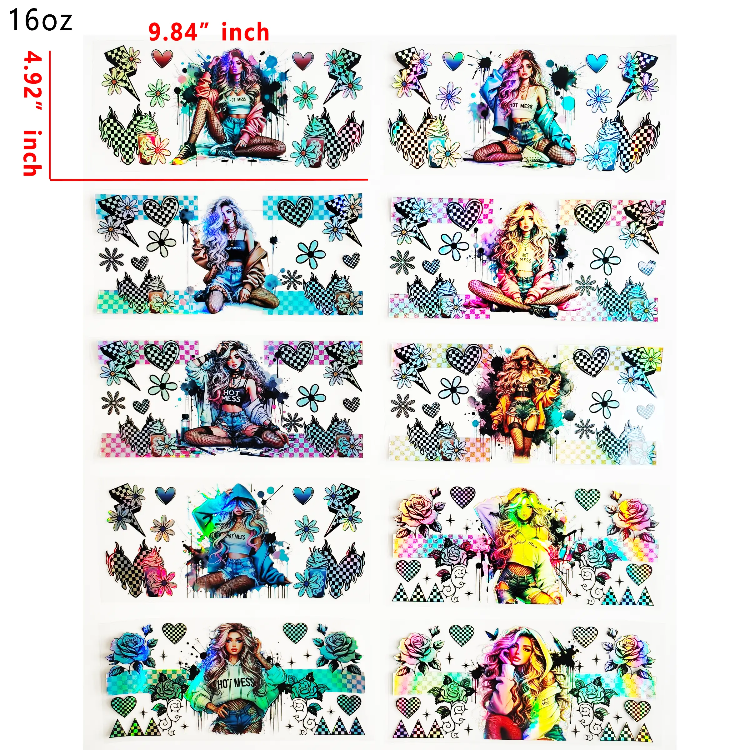(J97) Holographic 10pcs girl UV DTF Cup Wraps for 16OZ tumblers Waterproof Acrylic Wraps for Cups Glasses &Smooth Objects Vivid Colors Strong Adhesion CustomizableStickers Decal Sticker Art Crafts Kit