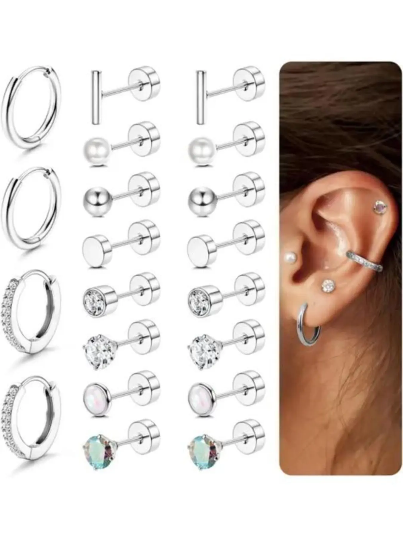 Low Allergy Earrings Suitable for Sensitive Ears, Hypoallergenic Earrings, 20g Flat Bottom Medical Steel Earrings, Small Silver Color Hoop Earrings Unisex Jewelry, Ear Cuffs, Ear Studs