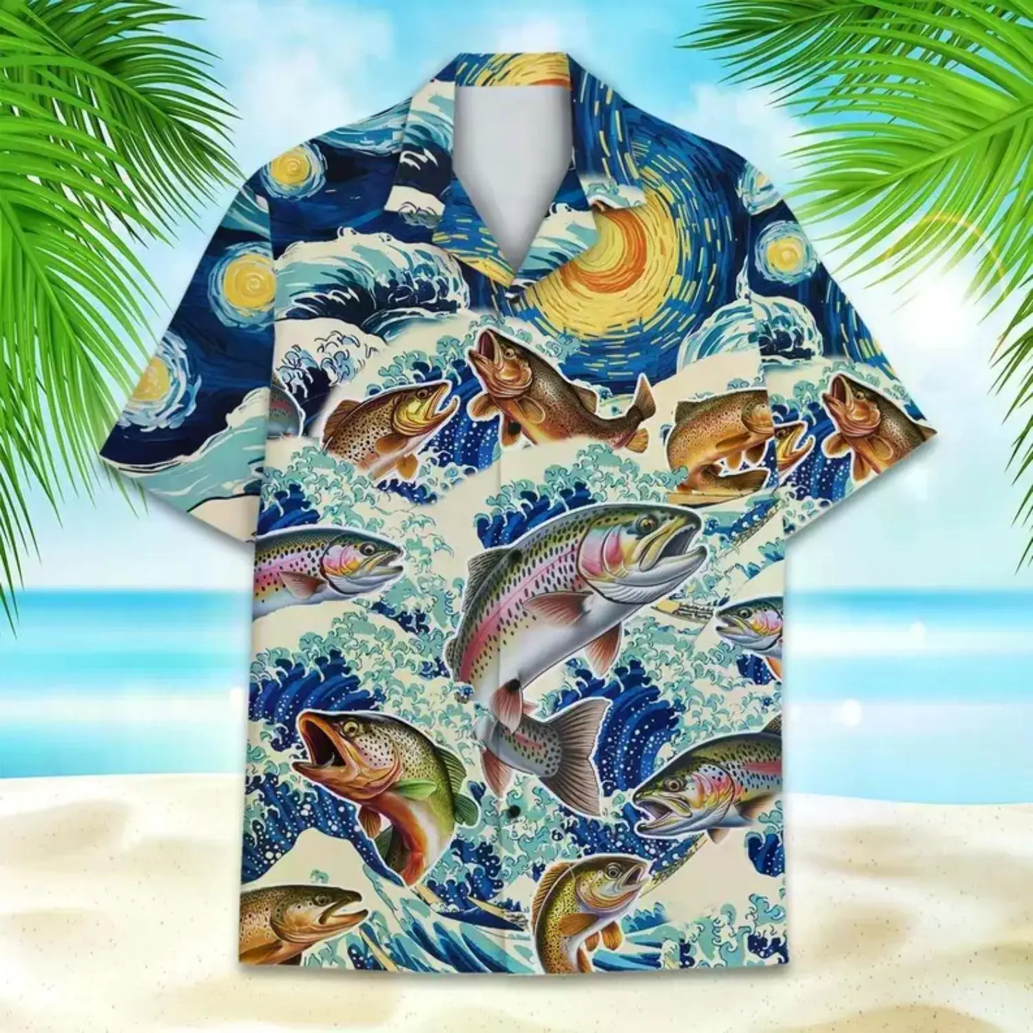 Vibrant Trout Wave Hawaiian Shirt for Anglers – Unisex Fishing Aloha Shirt – Artistic Ocean Fish Design – Unique Gift for Bass Lovers – Perfect for Fishing Trips & Holidays