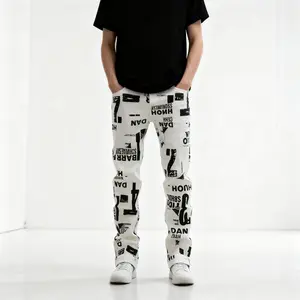 Men'S Slim-Fit Streetwear Straight-Leg Jeans with Bold Letter Print - Black & White Casual Denim Pants for All Seasons, Comfortable and Stylish, Street Style Pants|Sleek Jeans|Durable Denim-5669 skinny jeans baggy jeans for men jeans pants for men