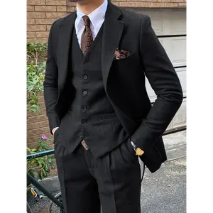 Men's  3-Piece Suit Set, Classic Notch Lapel, Herringbone Pattern, Casual Formal Wear