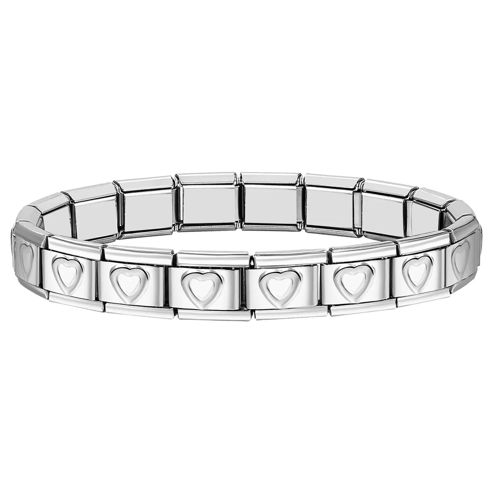 OIDEA Unisex 9mm Heart Shaped Stainless Steel Bracelet - Adjustable Link Size, 18-Module Modular Design, Hypoallergenic Elegant Minimalist Bangle for Daily Wear, Heart Shaped Bracelet, Adjustable Size, Heart Motif