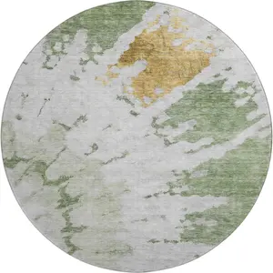 HomeRoots 651283 8 ft. Artichoke Green (Yellow-Green) Gold & Ivory Variegated Abstract Round Shaped Durable Washable Area Rug with UV Protection, Durable Area Rugs, Shaped Area Rugs