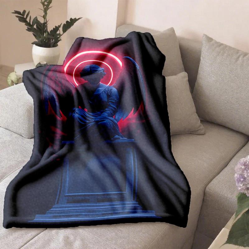 1 piece Blue statue angel with red halo background themed flannel blanket - Oversized fluffy warm sofa blanket, flannel for beds, all-season multi-purpose, modern style, machine washable, digital print design, 100% polyester, suitable for sofa