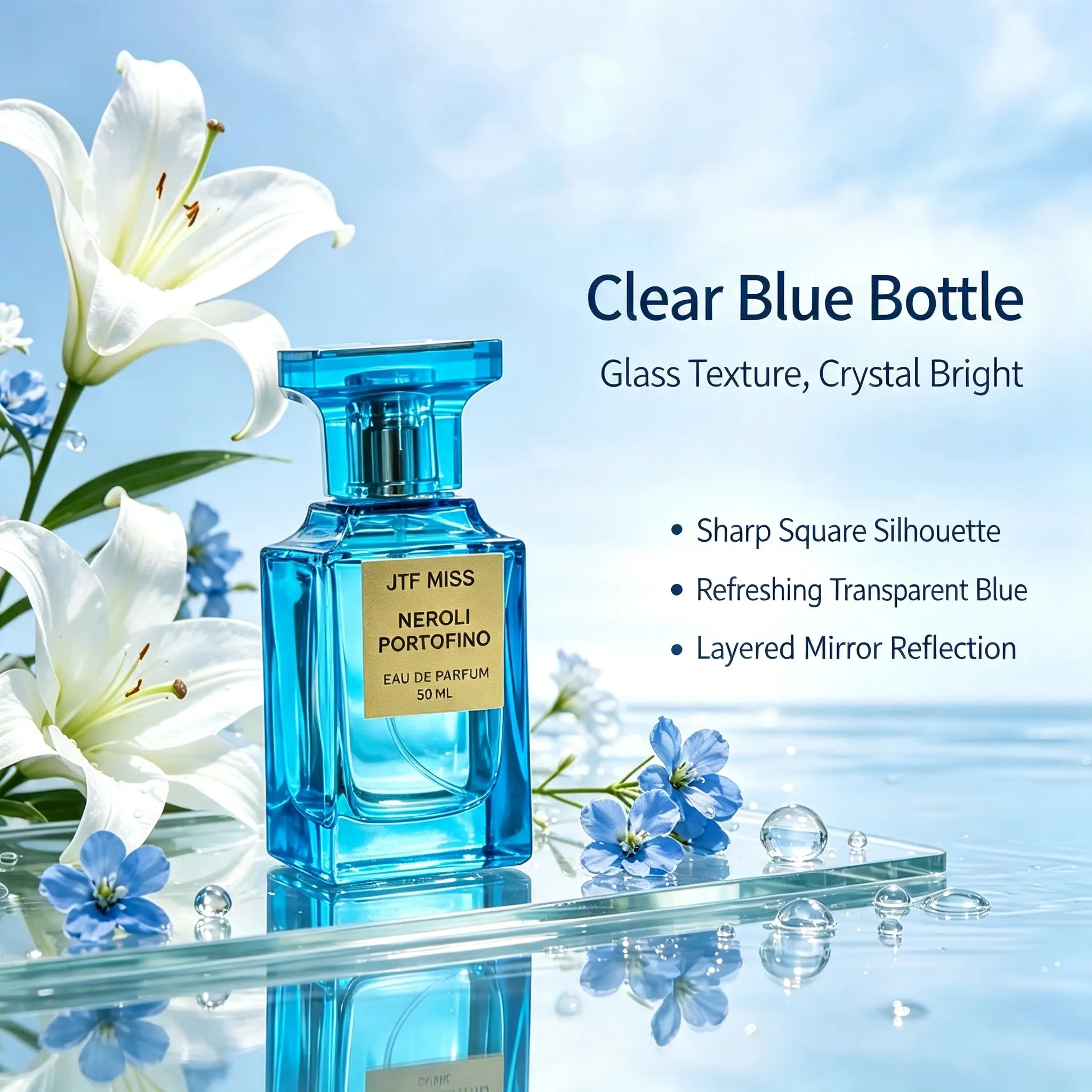 JTF MISS Neroli Portofino EDP Spray 50ml, Mediterranean Citrus Neroli Scent, Clean Fresh Perfume for Men Women, Premium Blue Square Bottle Fragrance