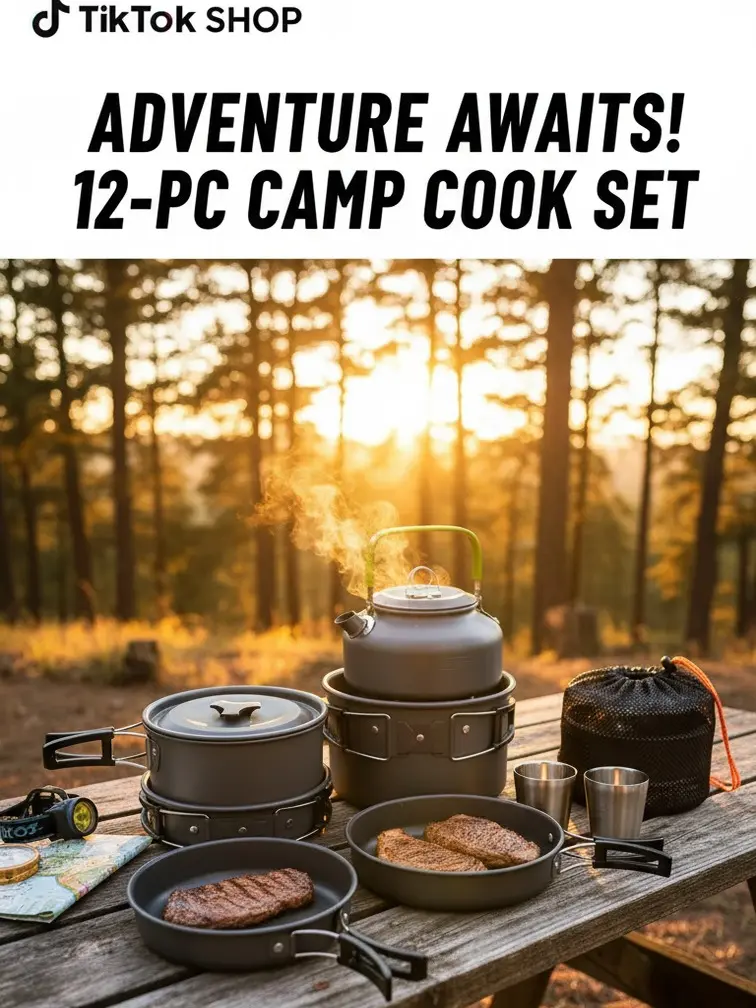 12-Pieces Camping Cookware Set - Portable Stackable Camp Kitchen Kit with Pot, Pan, Kettle, Stainless Steel Cups, Foldable Cutlery, Mesh Bag Carry for Backpacking, Outdoor Meals (Suitable for 2-3 People)
