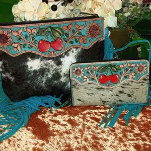 Cherry crossbody purse with matching wallet -teal