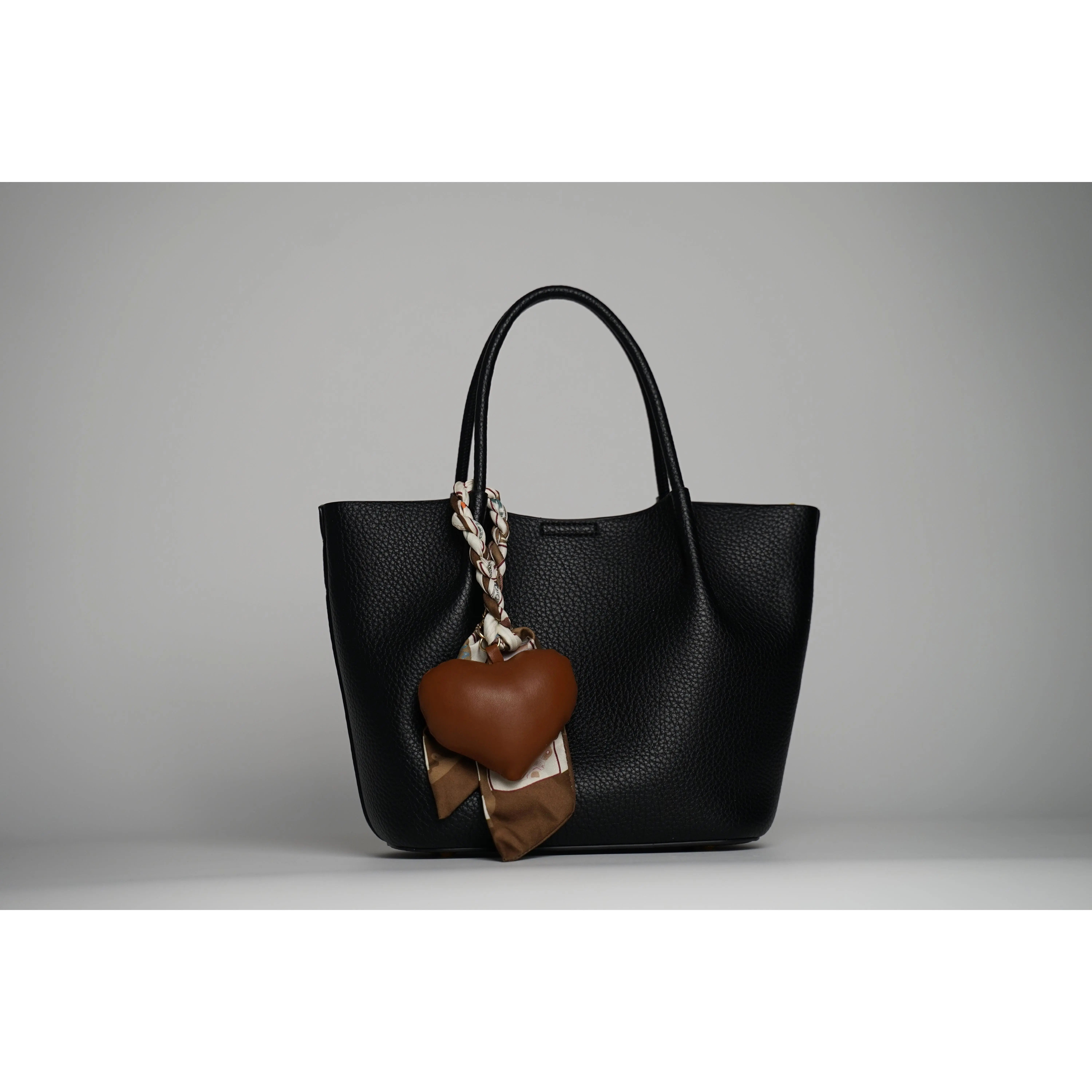 MONIKADAN Noire Classic Black Pebble-Textured Leather Tote Bag with Gold-Tone Base Studs & Removable Scarf Charm