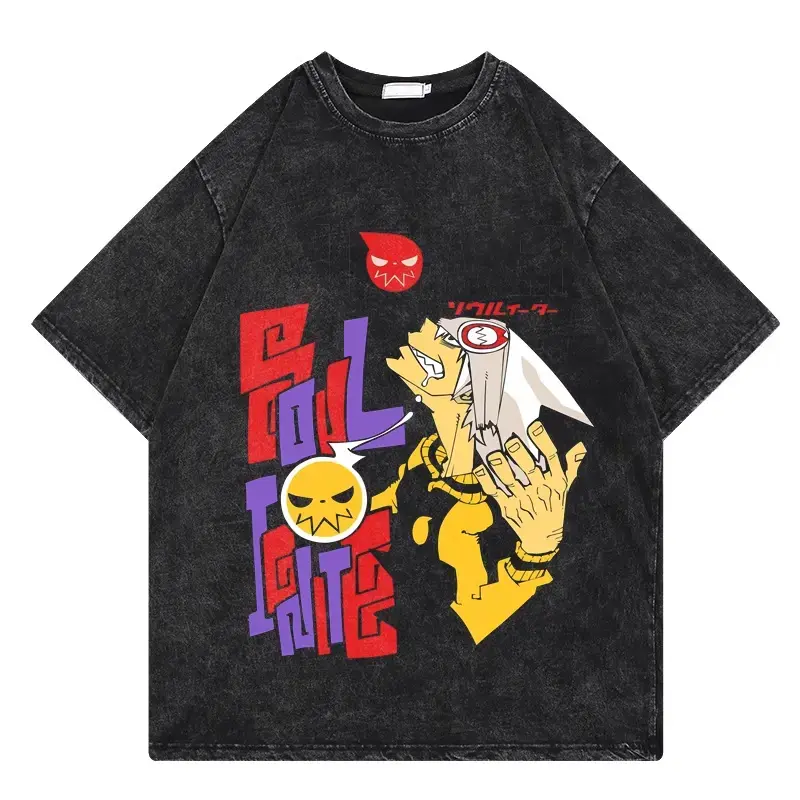 Men's Japanese Animation Soul Eater Vintage Round Neck Cotton Graphic Tee - Distressed Washed, Oversized Streetwear, Casual Short-Sleeve Athletic Top, Figure-Inspired, Cute, Fitted, Shortsleeve, Festive, Soul Eater Art