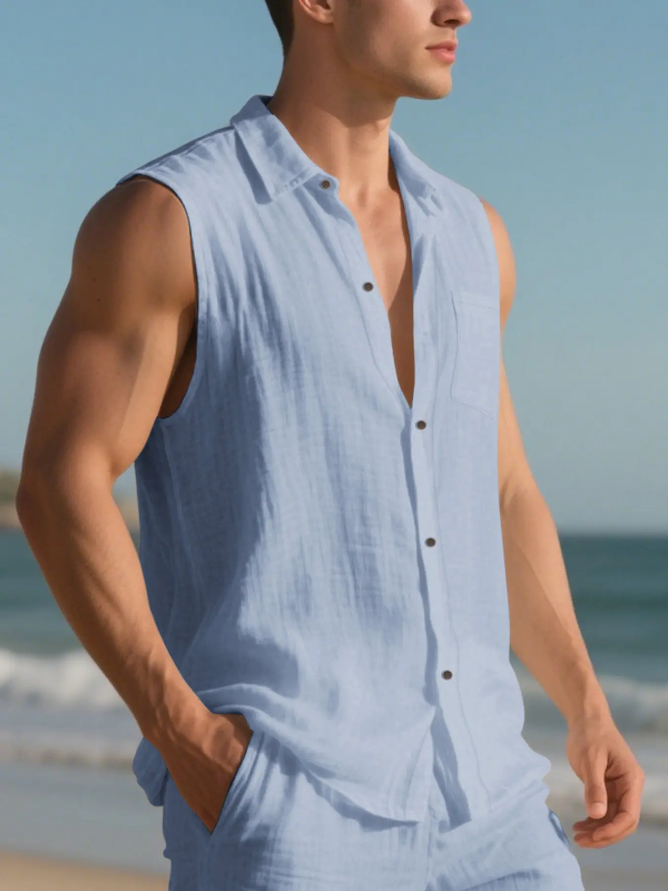 Men's Summer Linen Shirt, Casual Loose Fit Plain Sleeveless Open Front Top, Fashionable Lapel Design, No Zipper, with Collar, Casual Wear, Casual Summer Tops