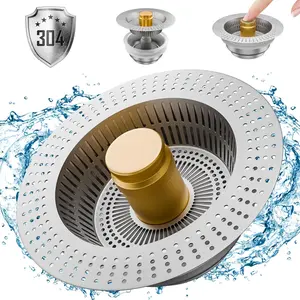 Upgraded 3 in 1 Kitchen Sink Drain Strainer Stopper, Brushed Stainless Steel  304 Pop Up Sink Drain Stopper for Standard 3-1/2 Inch Drain Anti-Clogging Odor Prevention sleeve