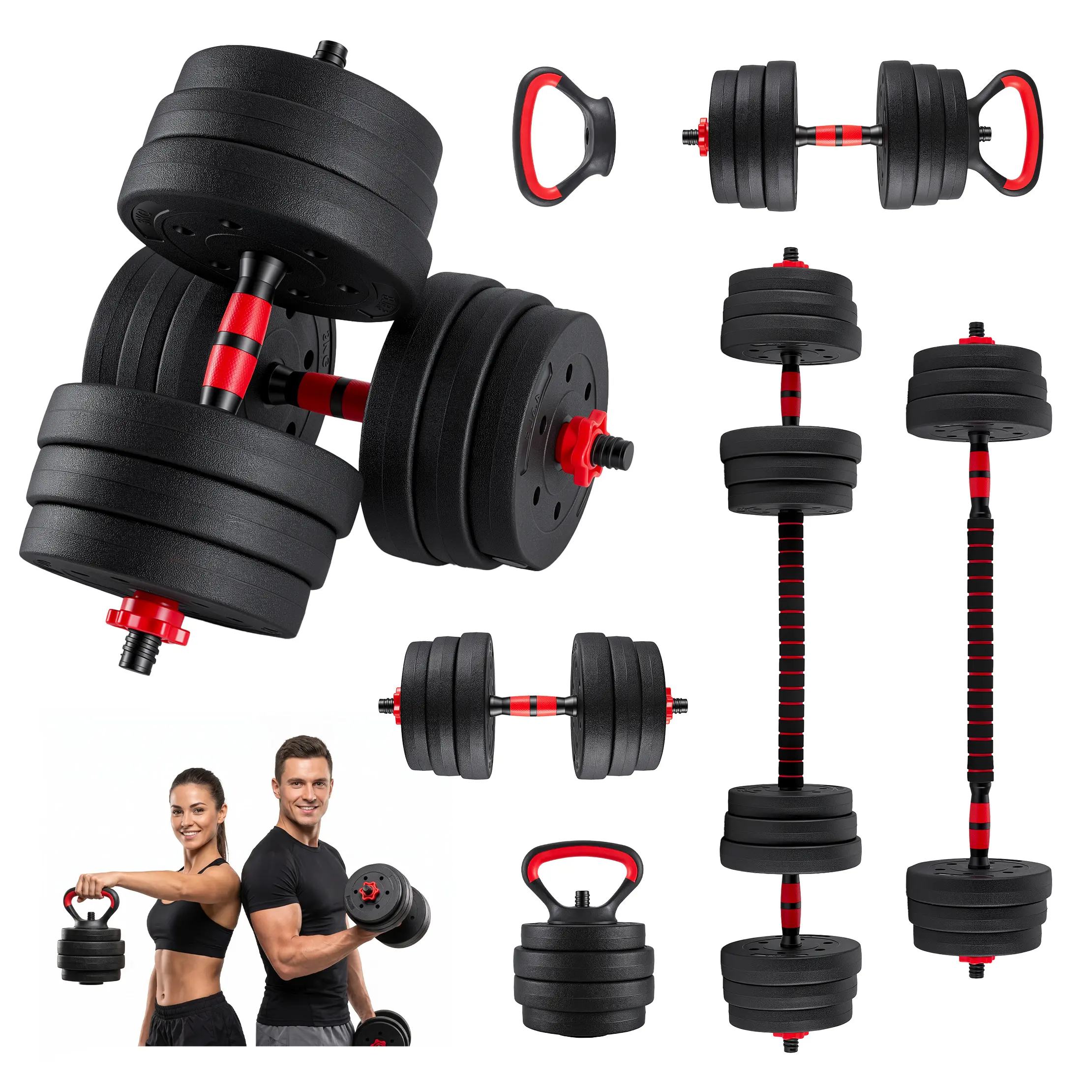5-in-1 Adjustable Dumbbells Set – Converts to Barbell, Kettlebell & Push-Up Stands, Free Weights with Safety Expansion Nuts, Lightweight Home Gym Set for Men & Women