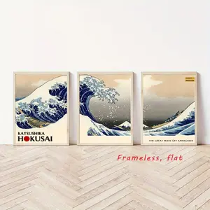 3-Piece Set / Vintage Hokusai “The Great Wave” Landscape Prints, Canvas Prints, Artistic Artwork, Japanese-Style Wall Art Posters, Living Room Decor, Frameless Wall Decor, Multiple Styles Available