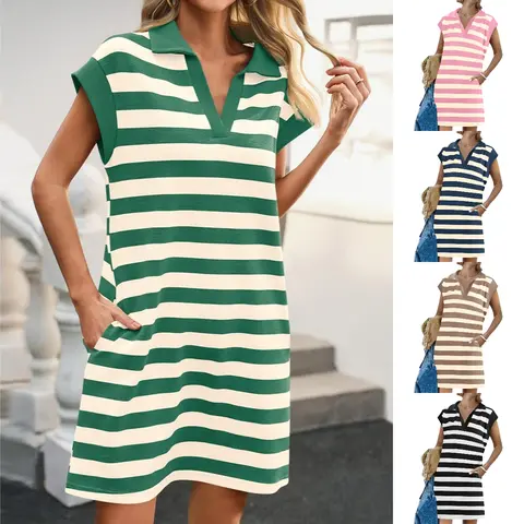 FMEYOA Womens Summer Fashion Striped Mini/Midi Dress Casual Cap Sleeve V Neck T-Shirt Dresses with Pockets