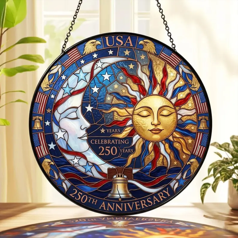 USA 250th Anniversary Round Metal Stained Glass Suncatcher with Light - Hangable Hot Dog Window Decor, Patriotic Red White Blue Artwork, Magical Trees Home Hanging Decoration for Valentine's Day, 6 Inches, Multi-Size