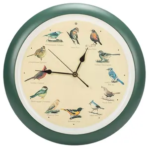Singing Bird Wall Clock 13 Inch Green Decorative Clock with 12 Bird Songs Smart Light Sensor Battery Operated Nature Home Decor