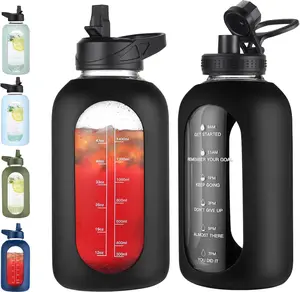 64 oz Glass Water Bottle With Straw and Handle, Half Gallon  Motivational Water Jug Flask with  Sleeve, Large Water Cup with Time Marker for Travel, Gym, Black
