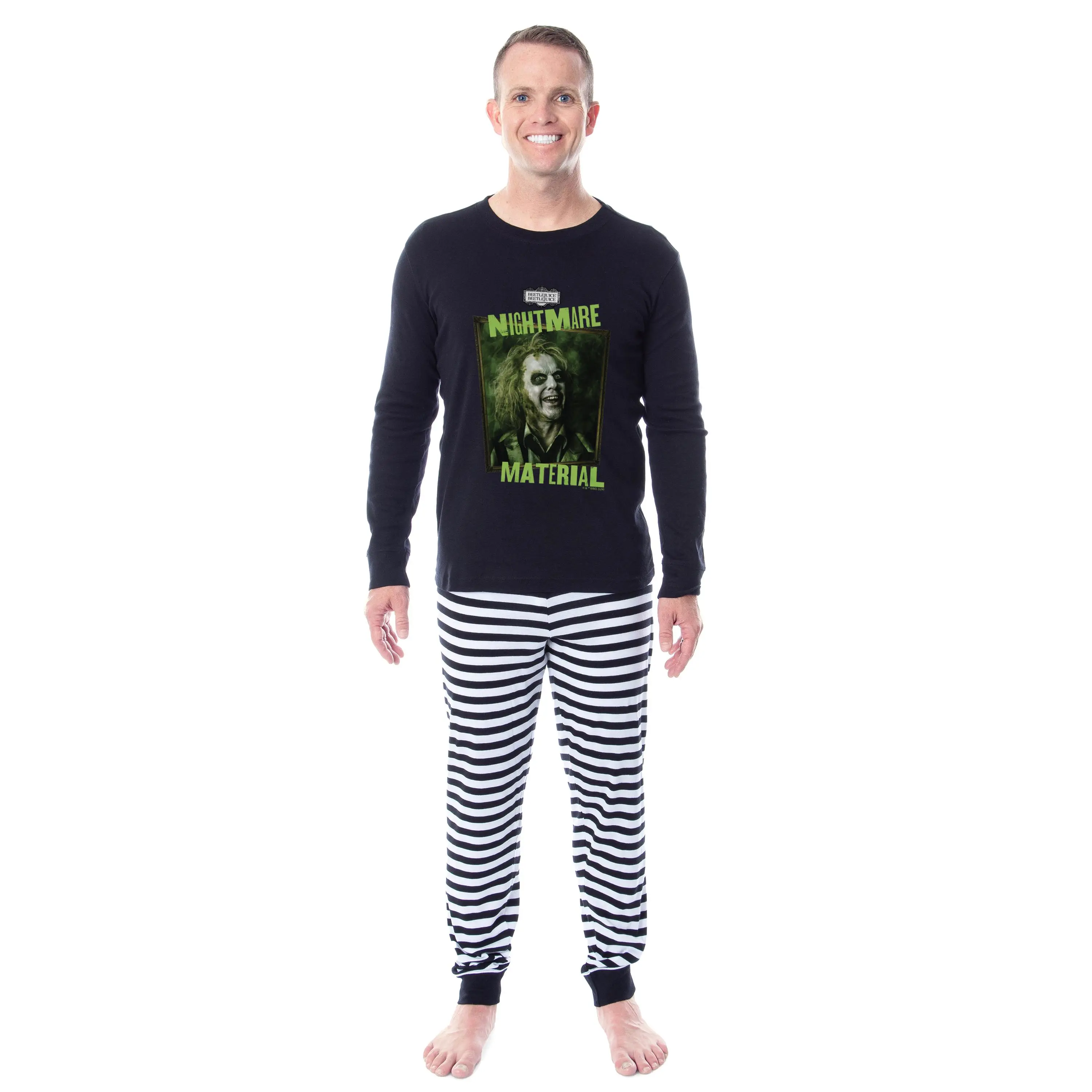 Beetlejuice Unisex Nightmare Material Striped Pajama Set For Adults, Halloween, Fabric