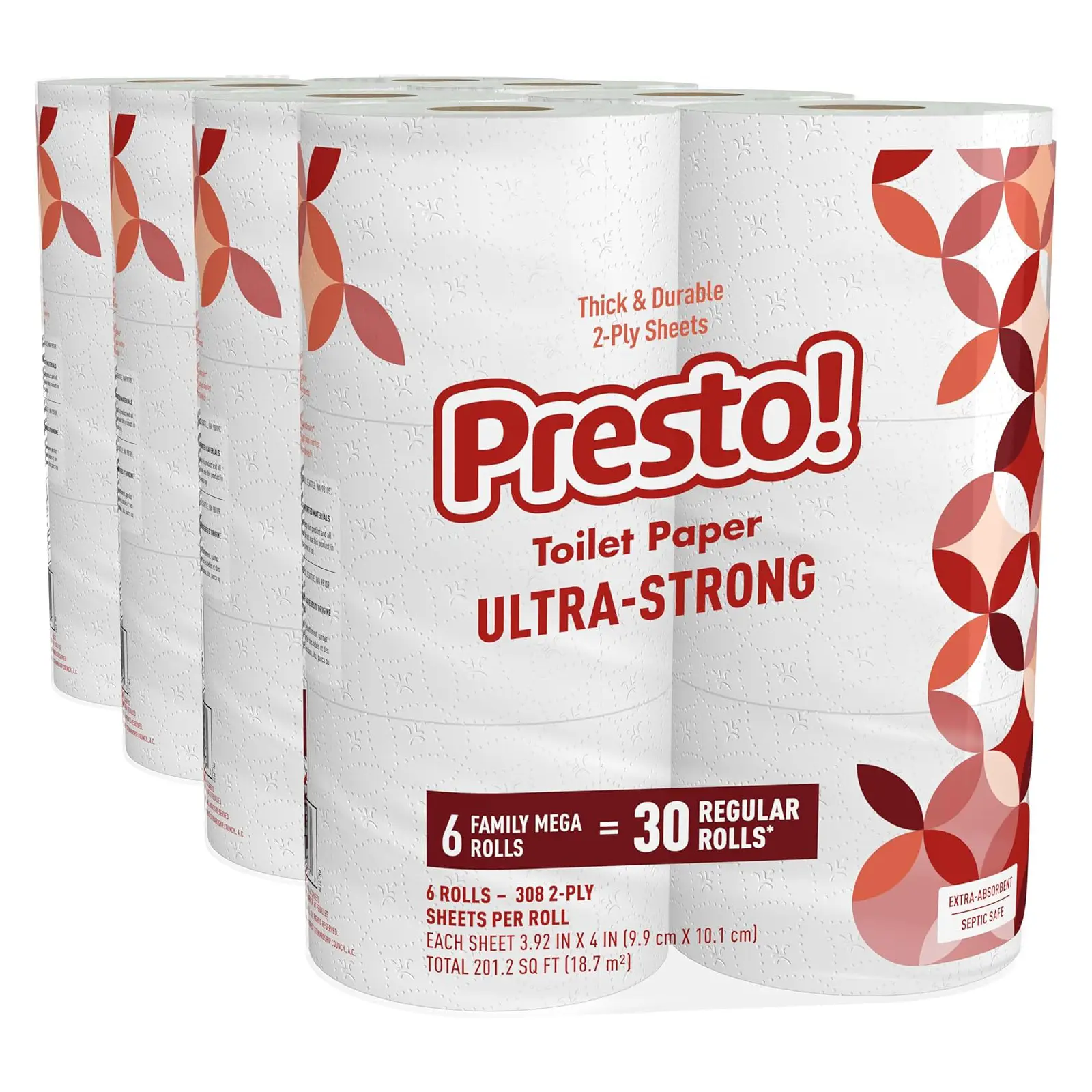 Presto Ultra-Strong 2-Ply Toilet Paper, 24 Mega Rolls = 120 Regular Rolls, 308 Sheets Per Roll, Unscented
