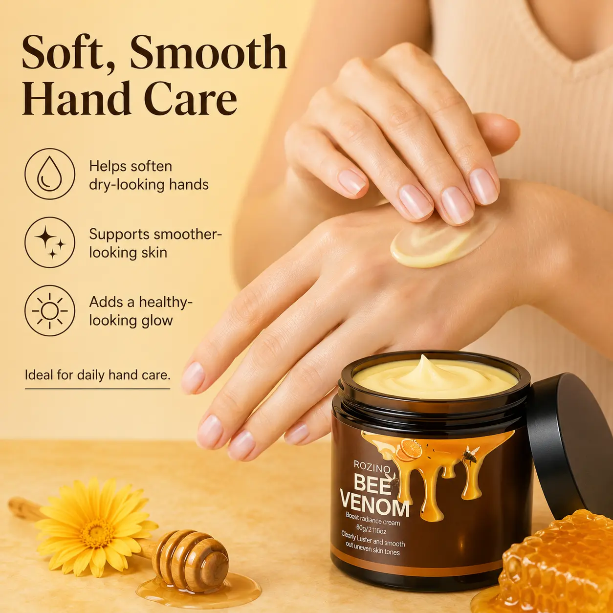 ROZINO Hand Cream with Bee Venom, Vitamin C, Niacinamide & Hyaluronic Acid - Moisturizing Hand Lotion for Dry Cracked Hands, Softening Rough Skin, Brightening Dull Hands, Fast Absorbing Non-Greasy Formula, Daily Use Hand Moisturizer - 60g/2.12 oz