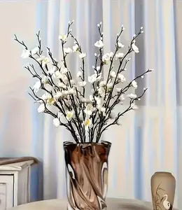 8 pcs Artificial Flowers White Plum Blossom 21.7'' Fake Wintersweet Long Stem Plastic Flowers for Indoor Plants Decorative Ornaments Nature Fruit