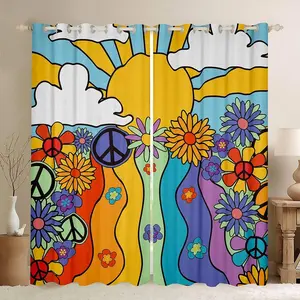 Groovy Happy Flower Curtains,Sun Moon Peace Sign Boho Floral Blackout Curtains,Botanical Curtains,Hippy Flower Hippie Psychedelic Decor Curtains
