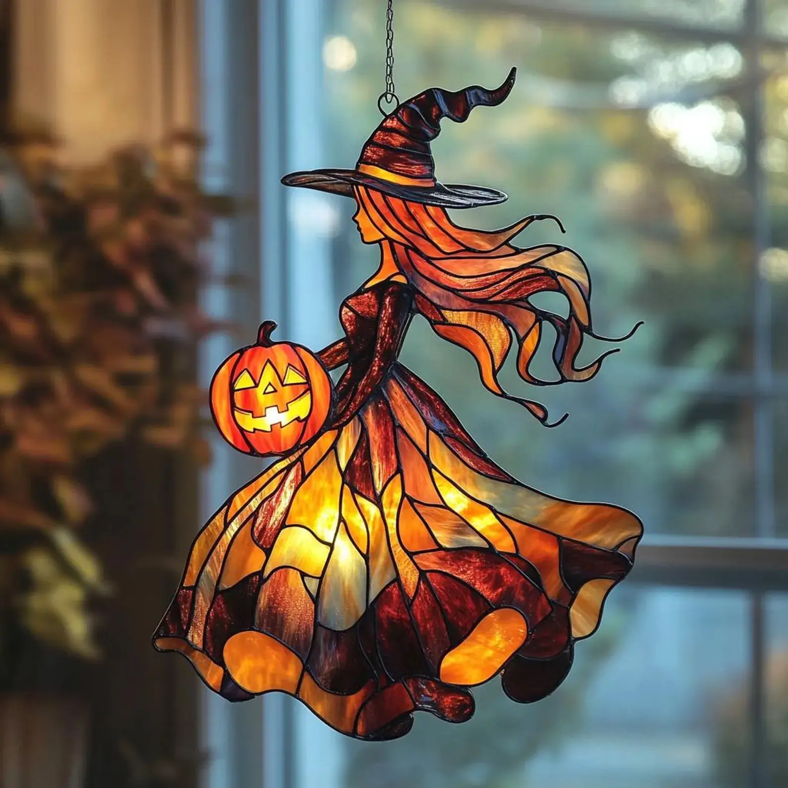 Halloween Witch with Jack-O'-Lantern Stained Glass Suncatcher Window Hanging Ornament, Premium Handcrafted Acrylic Spooky Autumn Home Decor Accent, Cozy Holiday Gift Idea
